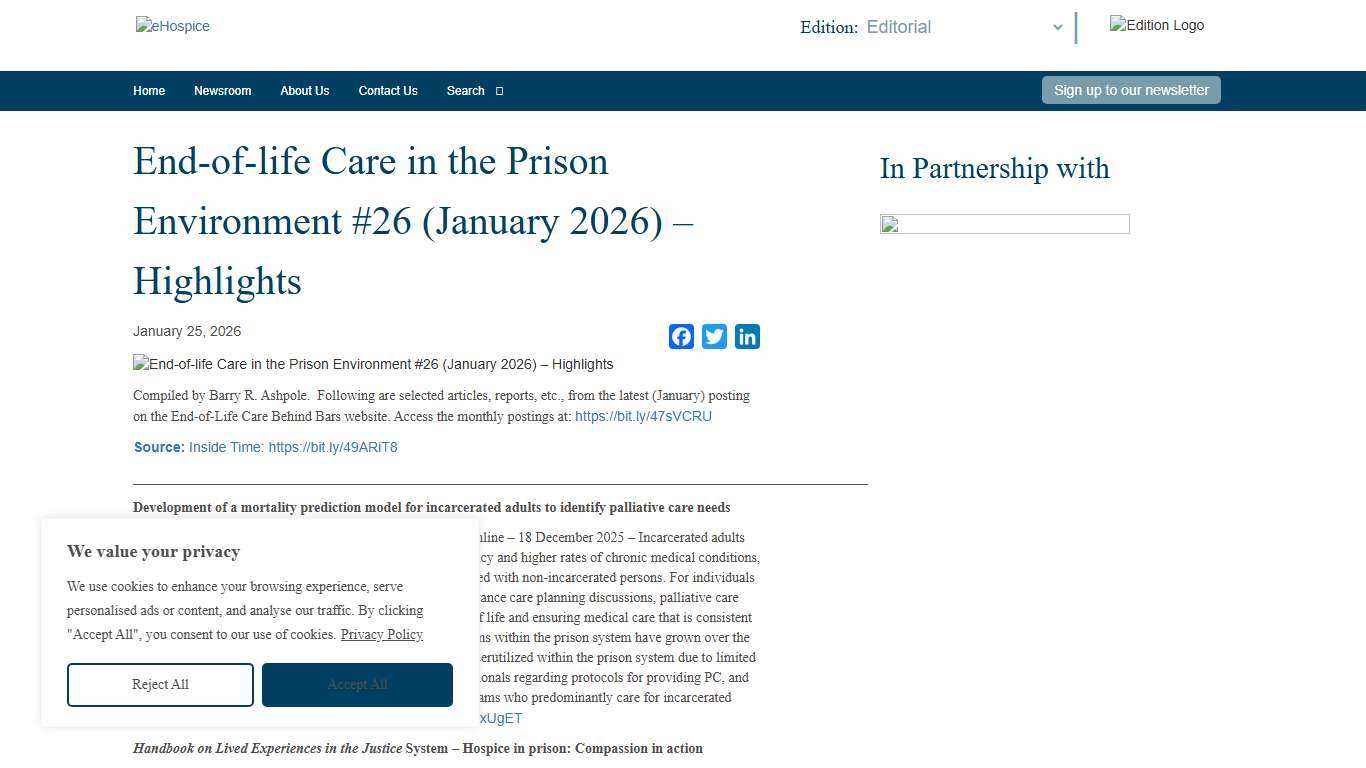 End-of-life Care in the Prison Environment #26 (January 2026) - Highlights - ehospice